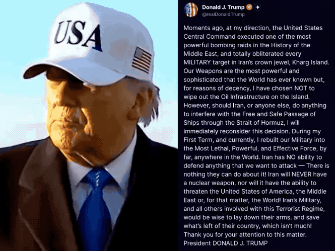 特朗普又讲体面了：全面轰炸伊朗重要岛屿但不炸石油设施！特朗普总统发推文宣布，美军