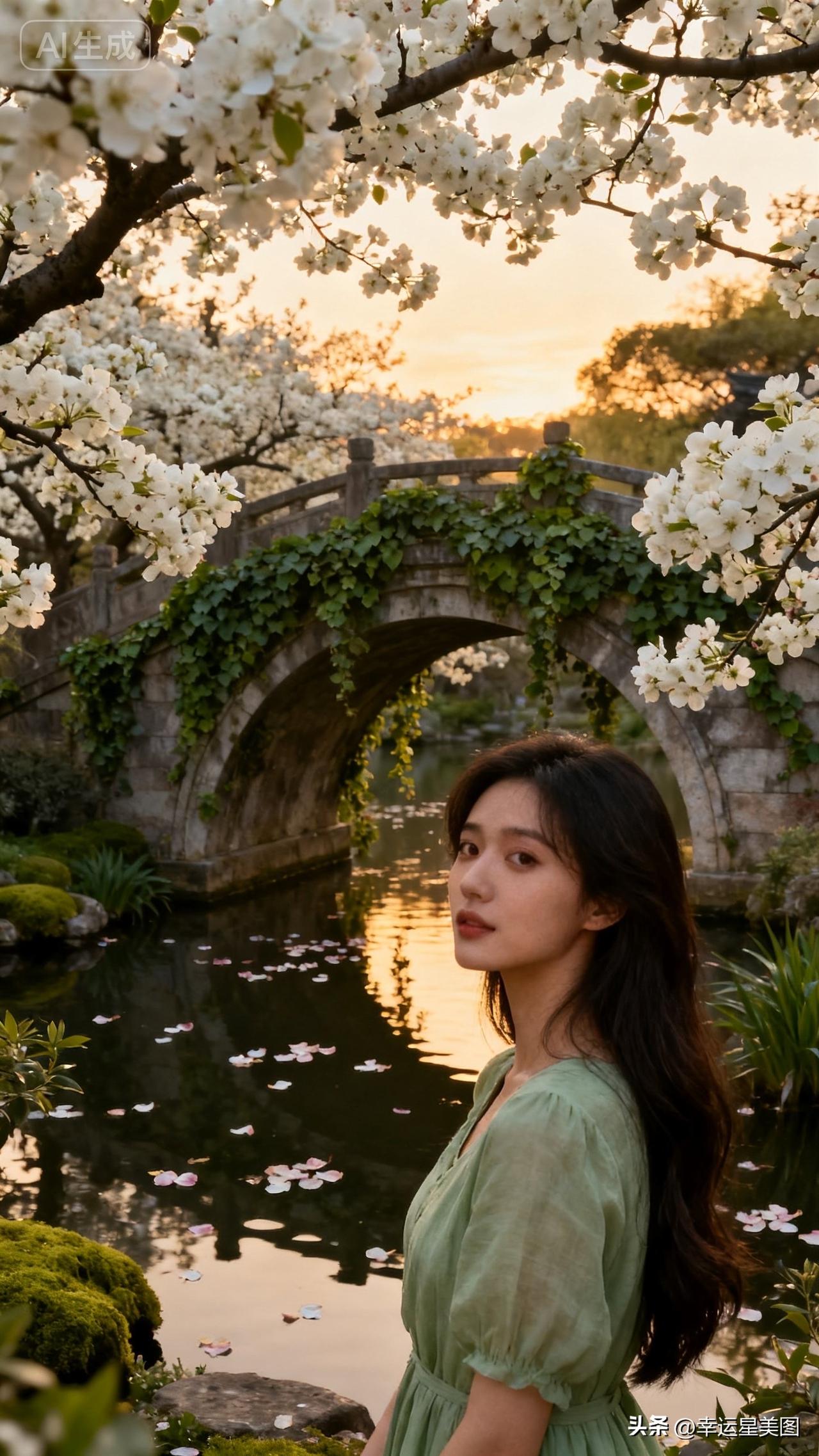 在美丽的花园里，她静静地站着。