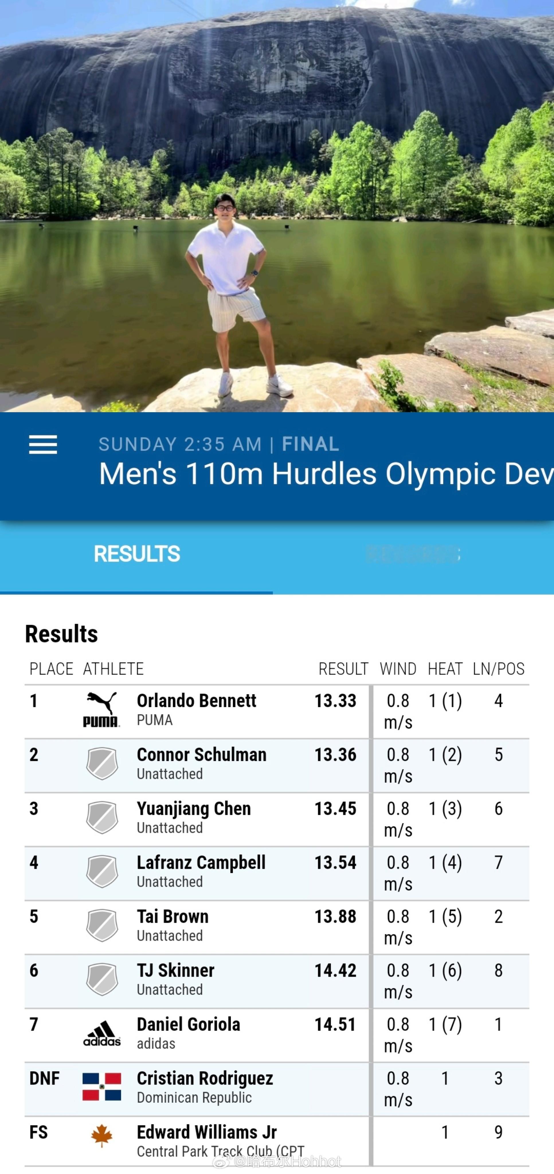 陈圆将也开启了赴美训练后的首场比赛，Tom Jones田径纪念赛，男子110米栏