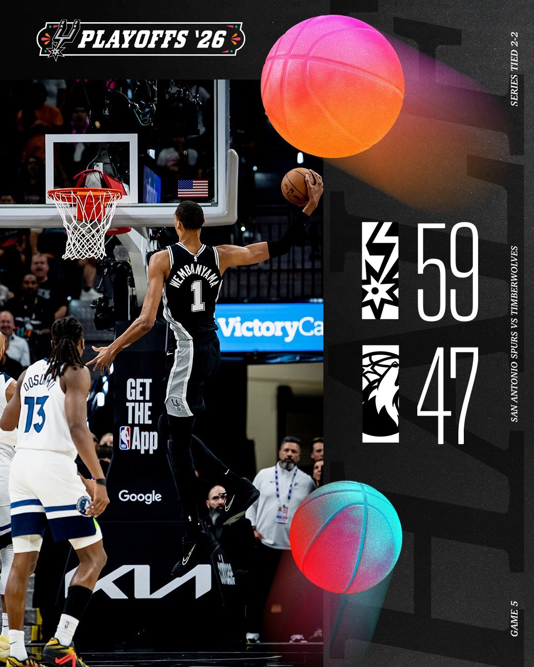文班亚马半场21分11篮板2盖帽，NBA季后赛第二年轻的半场20+10得主（最年