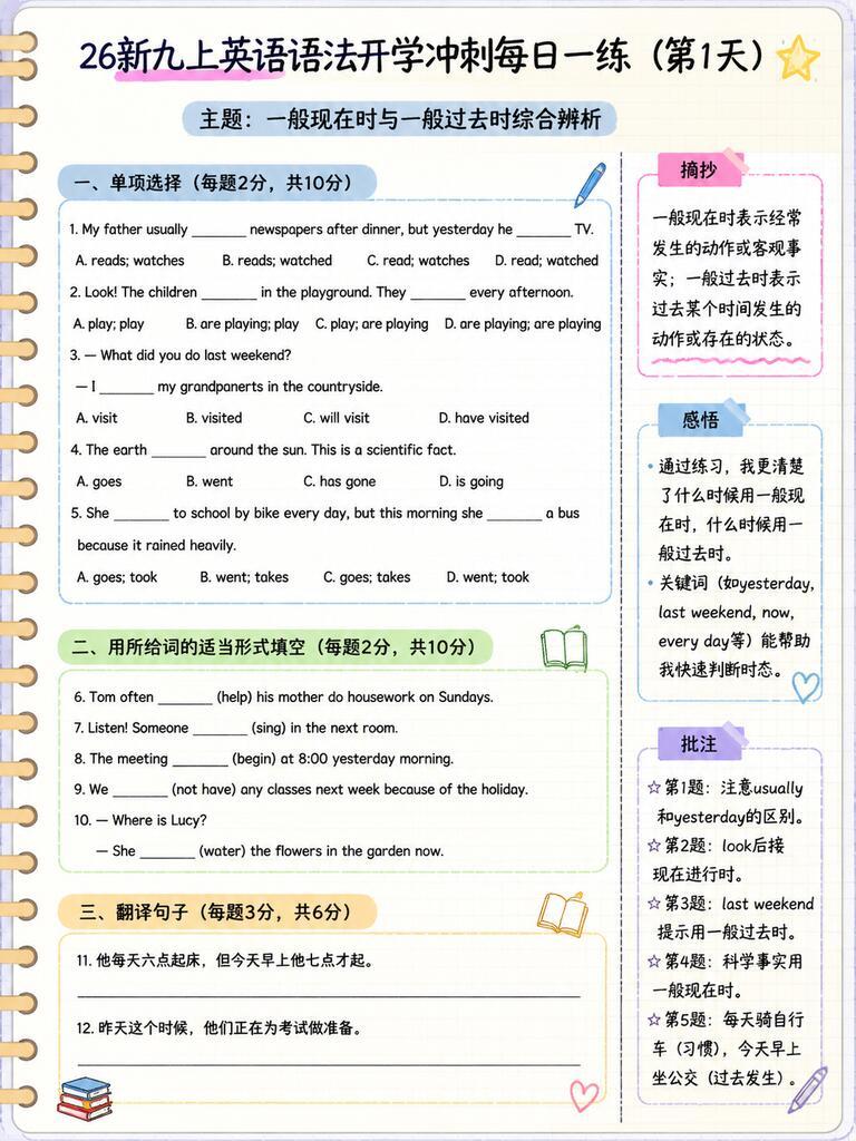 九上英语，老师熬夜整理的语法小纸条，练吧