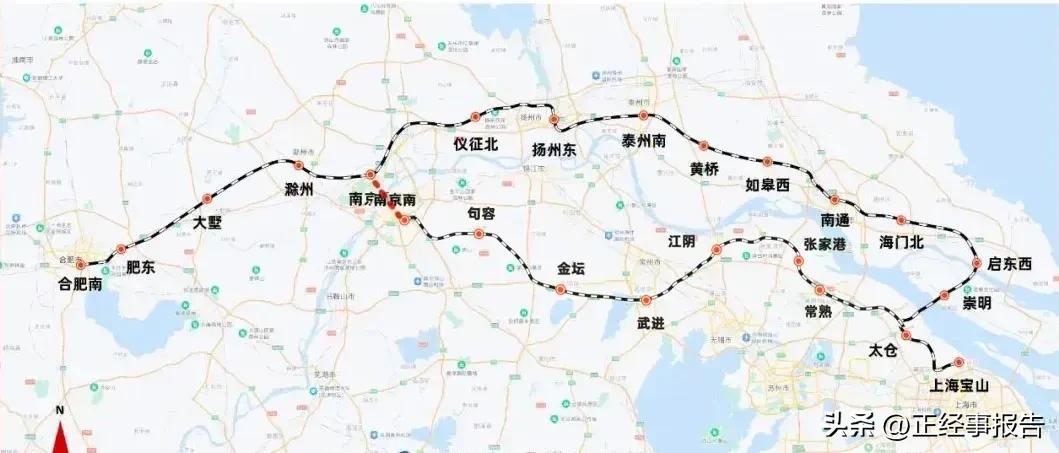 北沿江高铁全线里程553.8公里，设站13座，其中江苏段里程374公里，其中新建