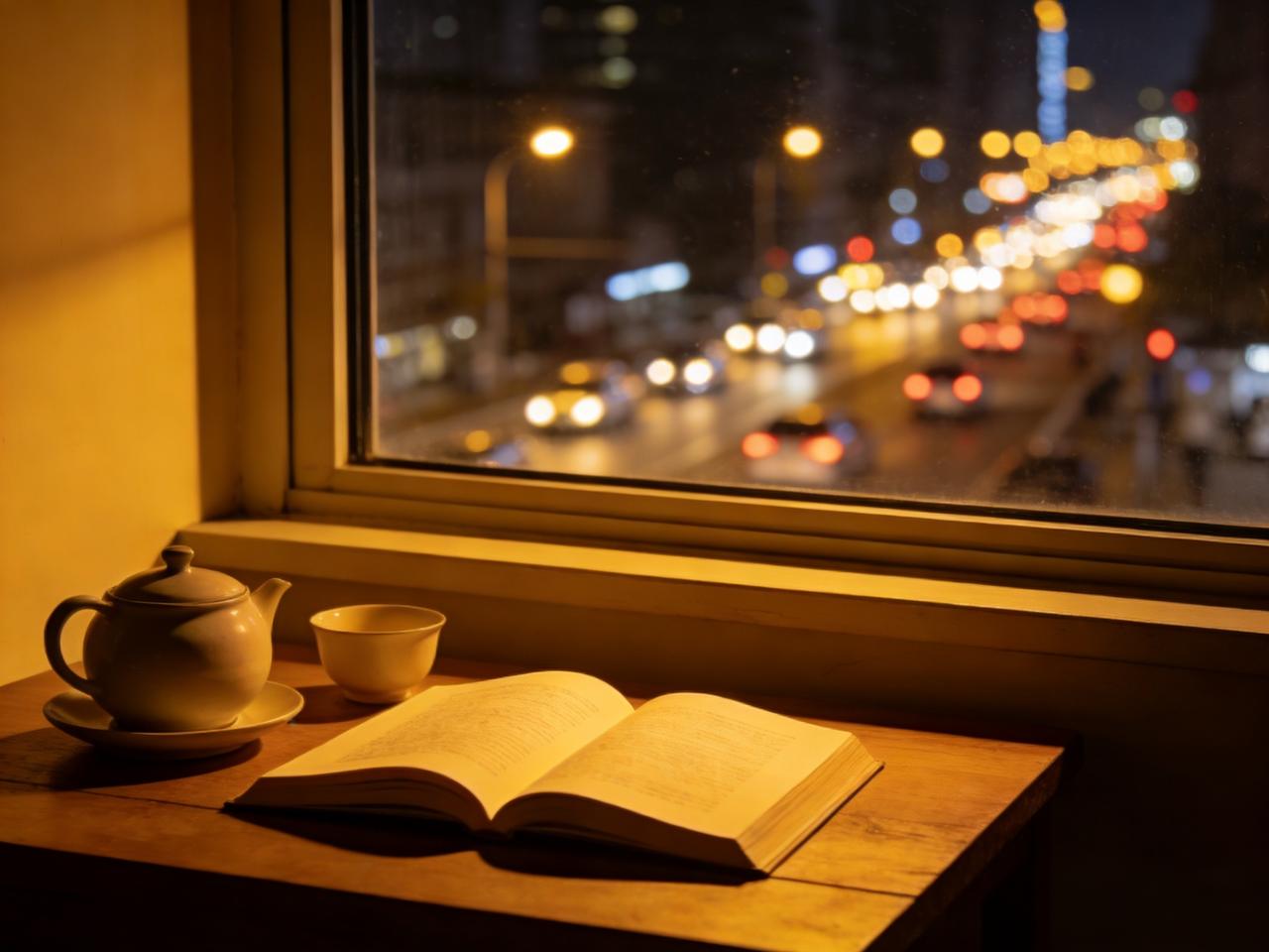 下联：守初心自在。窗外车水马龙灯火通明，窗内书桌摆素色茶具，书页半摊，暖光柔和不