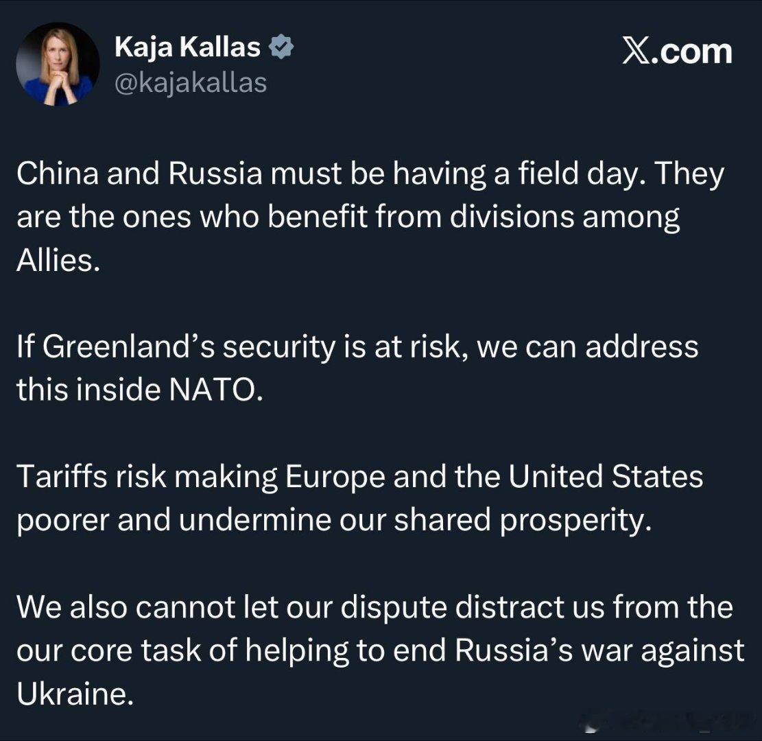 欧盟外交政策负责人卡拉斯：中国和俄罗斯肯定乐坏了。盟国之间的分裂让他们坐收渔利。