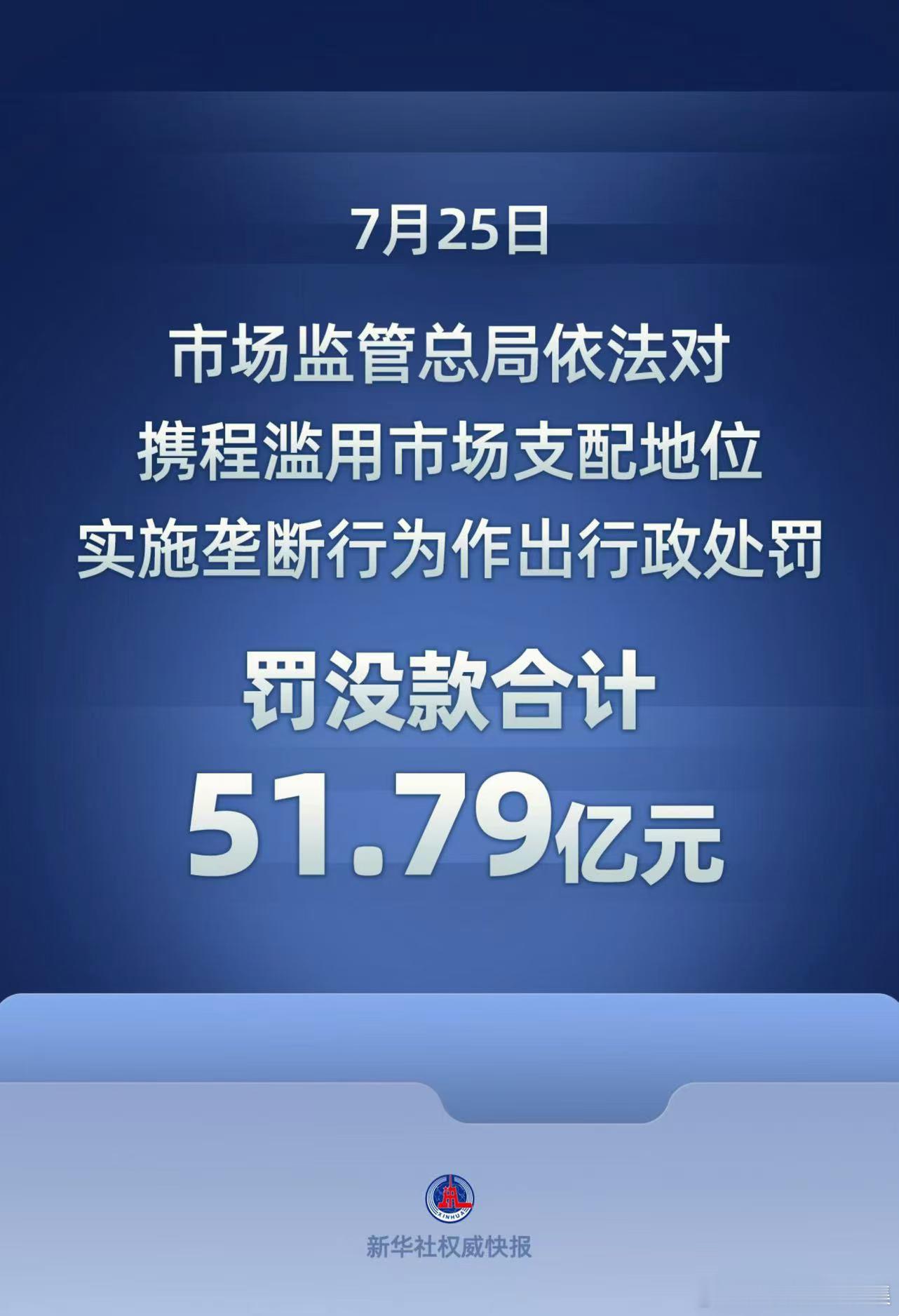 携程被罚51.79亿罚单公布后，携程通过官方账号“携程黑板报”迅速发布公告，表态