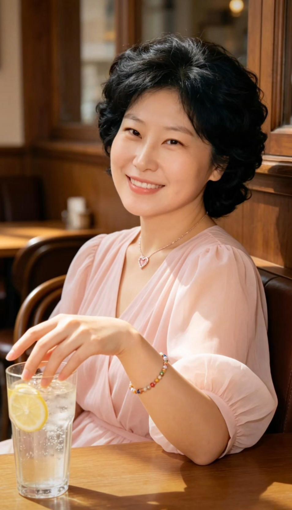 这位女士在咖啡馆里喝柠檬水。