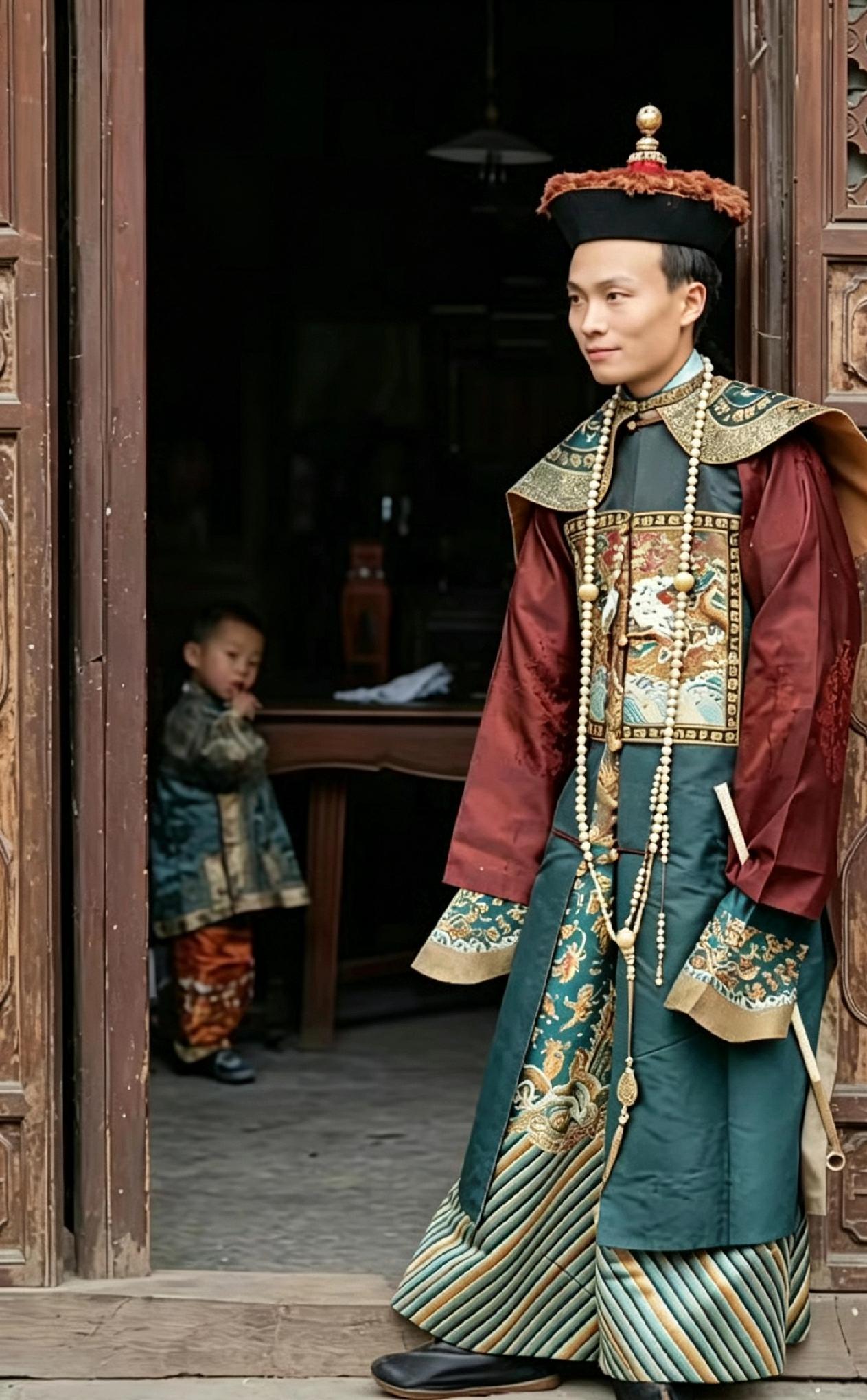 一位穿着官服的清朝男子倚门而立，脚上穿着厚底的官靴，门内隐约可见一个小孩的身影。