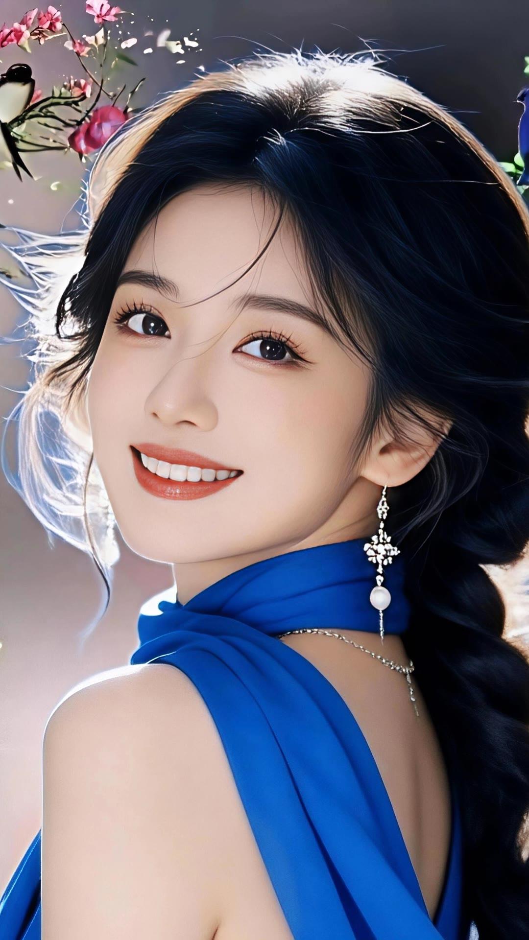 甜美笑容，蓝裙飘逸，春日暖阳下的美丽瞬间🌸💙