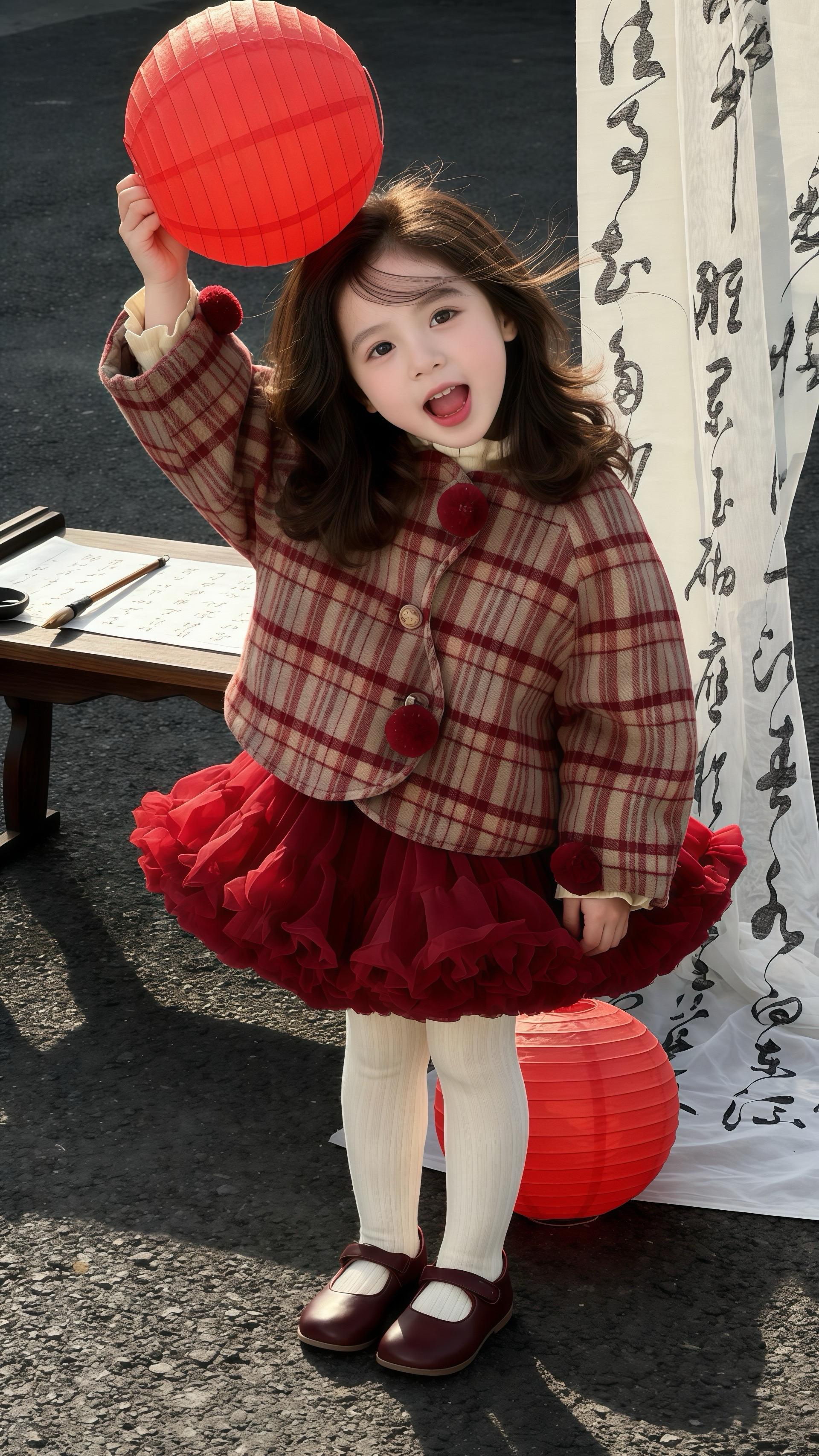 女童新年套装来啦！红棕格纹上衣柔软舒适，毛绒装饰增添童趣，酒红色网纱蓬...