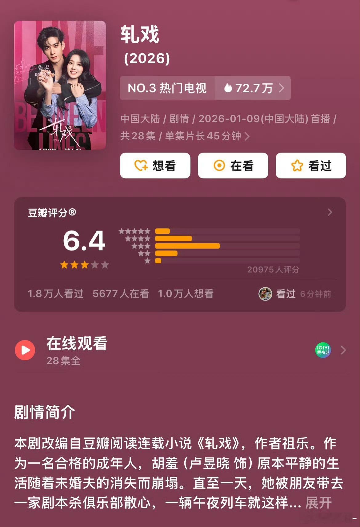 陈星旭卢昱晓轧戏6.4分轧戏豆瓣评分6.4陈星旭卢昱晓轧戏豆瓣6.4，有点低了，