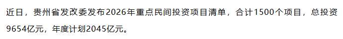 【融配达*午安资讯】贵州发布2026年重点民间投资项目清单 总投资9654亿元！