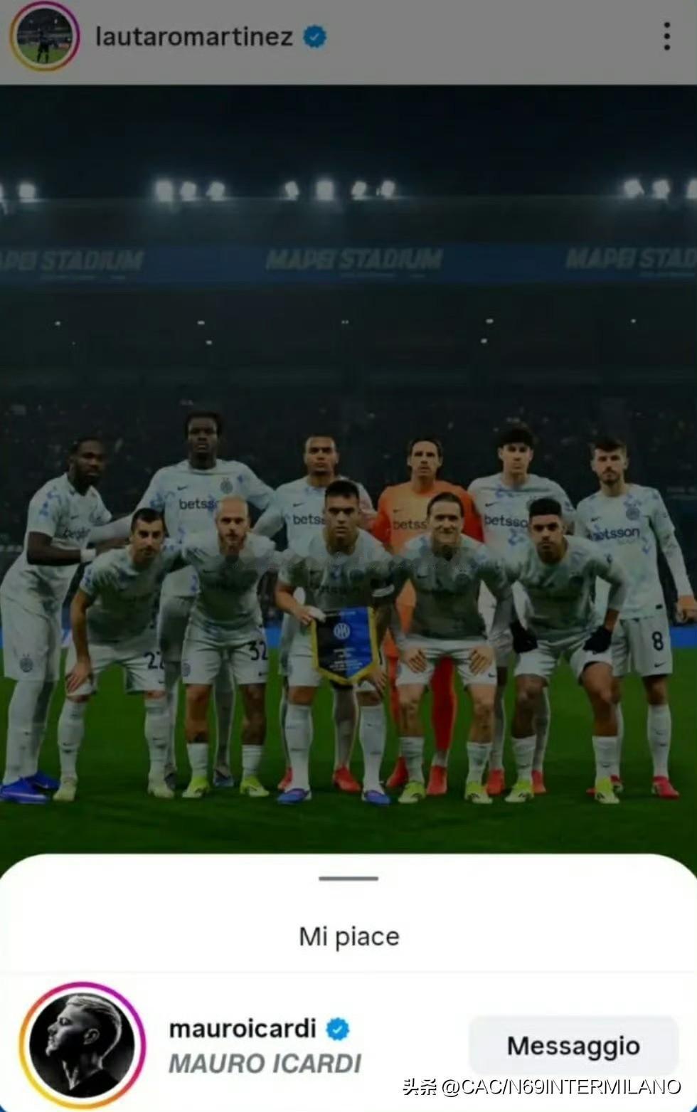 劳塔罗庆祝战胜萨索洛并攻入进球的帖子下，
意外收到了一条点赞——来自毛罗'伊卡尔