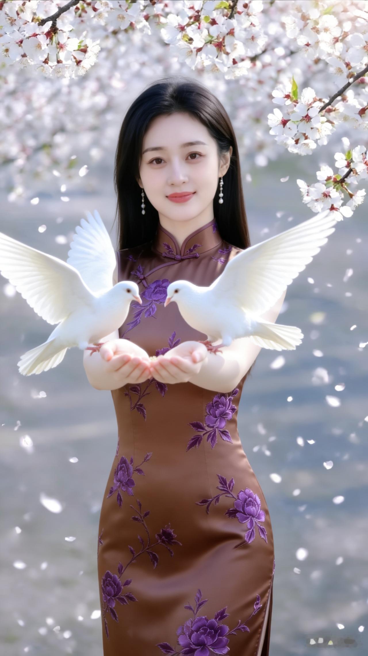 春日和风，花海中翩翩起舞的仙子与白鸽，唯美如画。