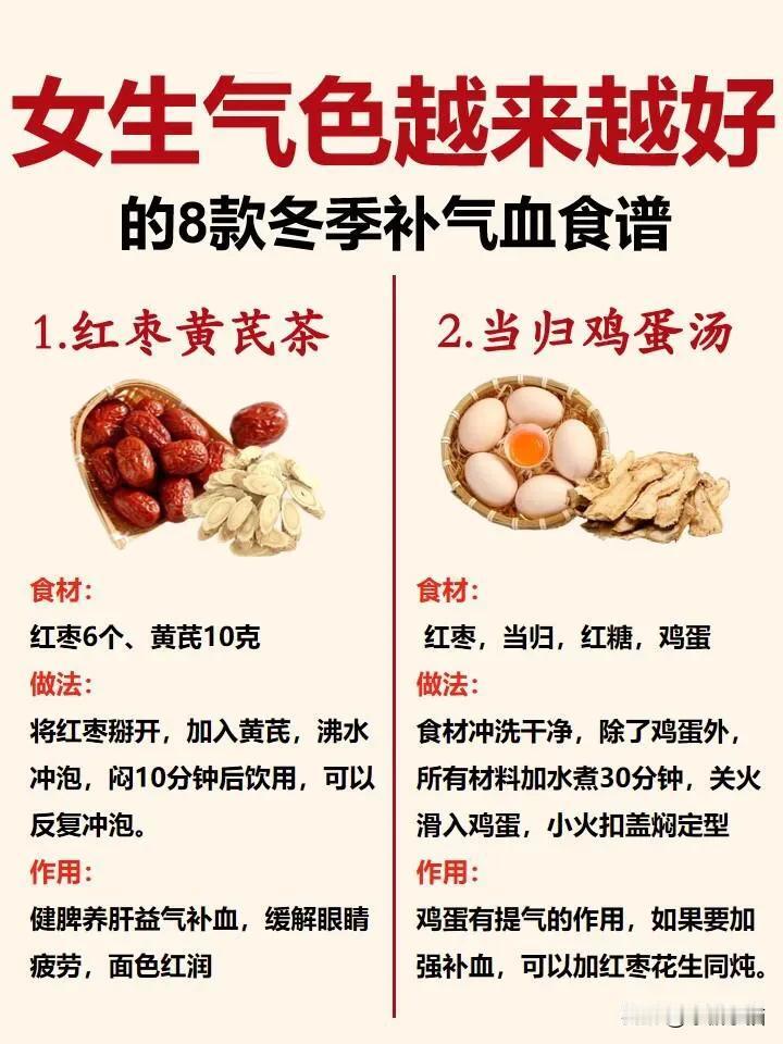 女生姨妈不准手脚冰凉  请逼自己把气血养好
分享8款冬季补气血食谱
让你的气色越