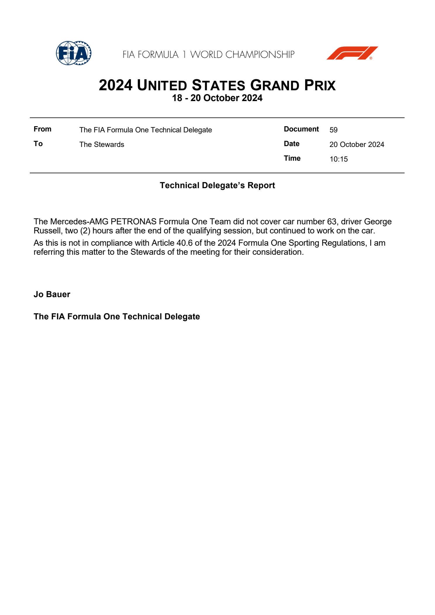 梅赛德斯昨天在排位赛结束两小时之后依然在维修拉塞尔赛车，违反了F1运动规则。由于