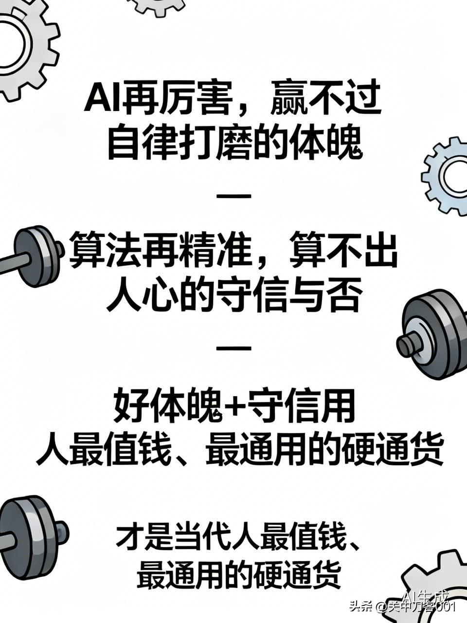 AI再厉害，赢不过自律打磨的体魄；算法再精准，算不出人心的守信与否。
不必过度迷