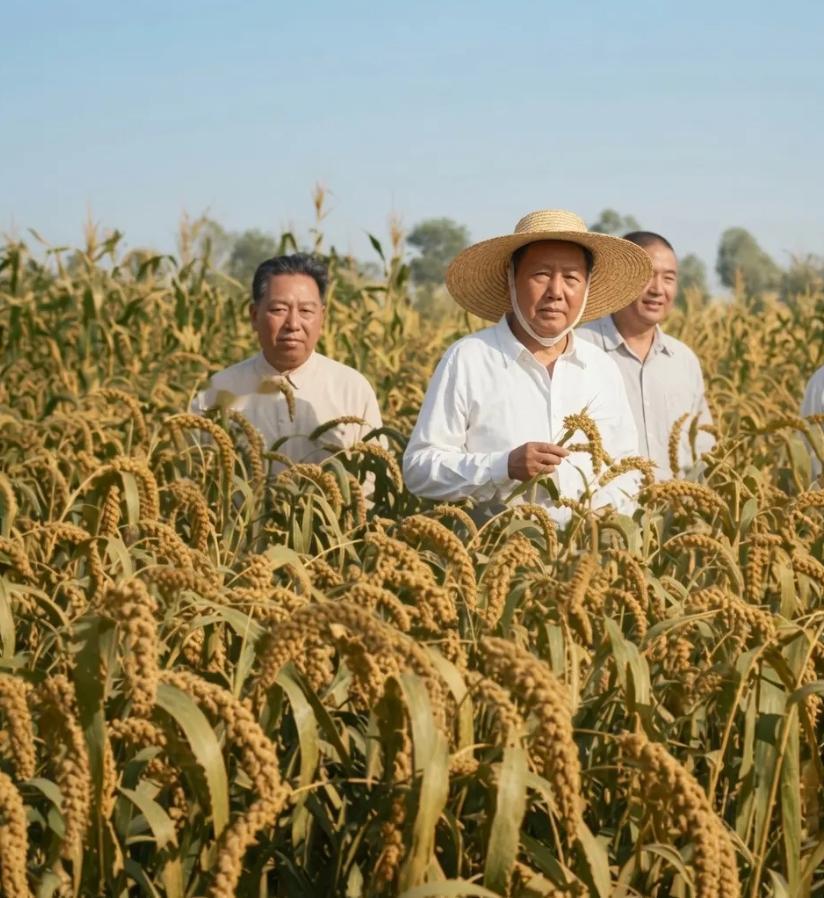 1958年8月7日，毛主席在河南襄城县视察谷子田。视察时毛主席走进齐胸高的谷田，