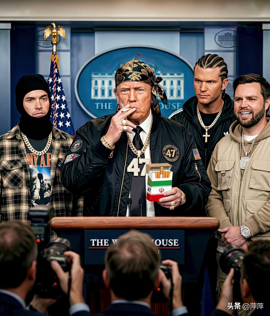 这张图是美国网友创作的AI趣味恶搞作品，以“黑帮大佬”为核心创意，把特朗普团队塑