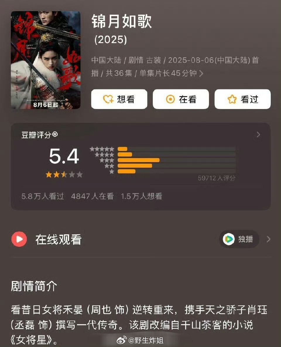 周也跟丞磊主演的《锦月如歌》db开分有5.4分，但是最近的热度好像还挺不错的，你