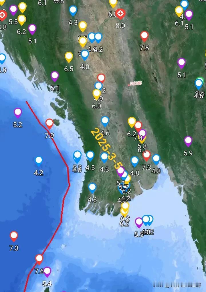 3月5日早上06时06分和06时24分缅甸南部的伊洛瓦底省连续发生5.1级地震和