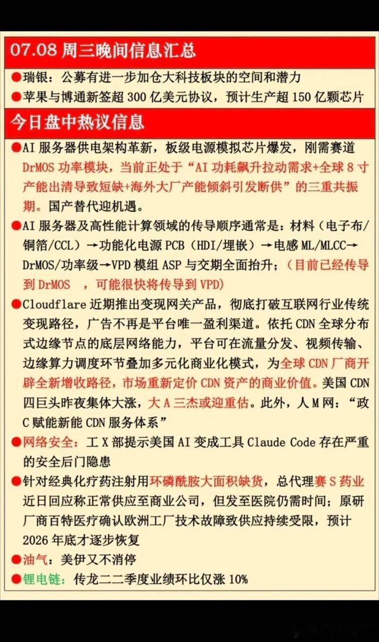 7.08周三  晚间财经信息汇总！1.功率模块，AI服务器2.网络安全3.环磷烯