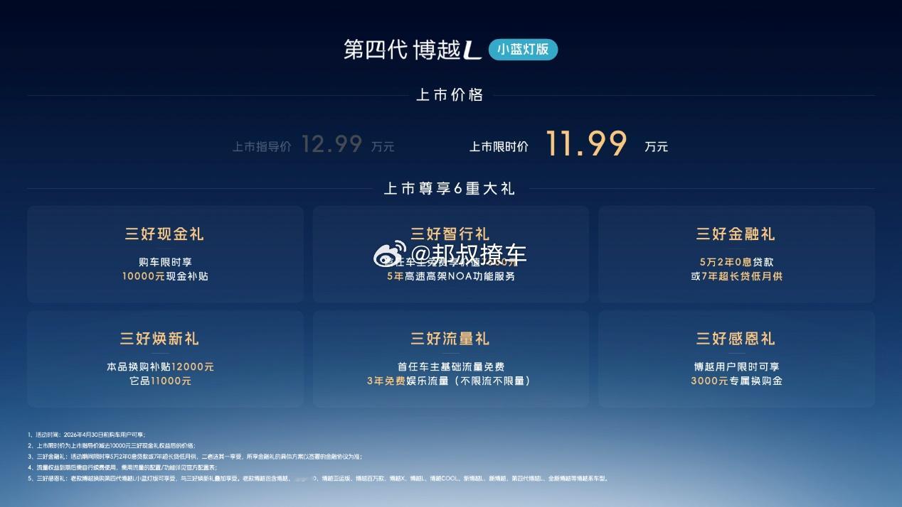 作为15万以内唯一搭载千里浩瀚辅助驾驶H3方案的燃油SUV，第四代博越L小蓝灯版