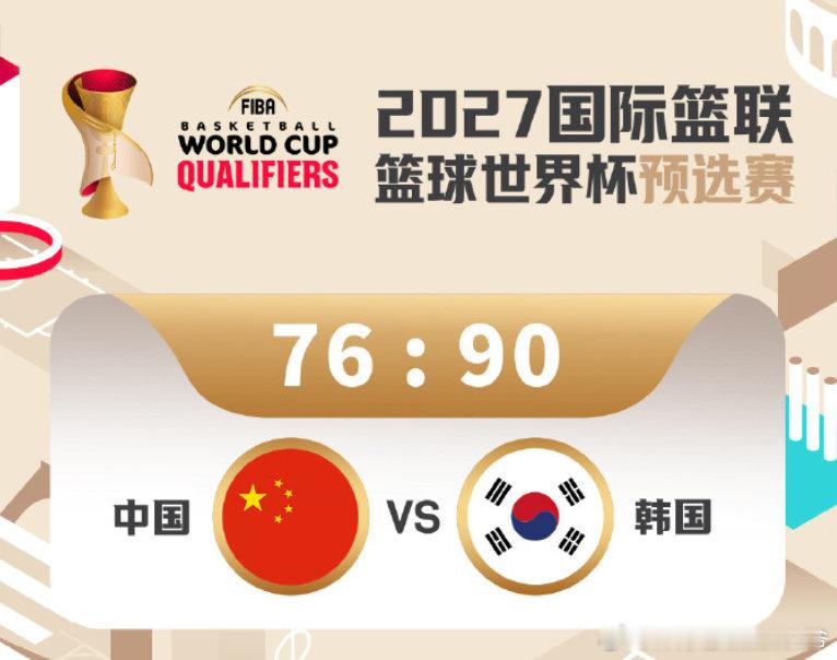 中国男篮对阵韩国两连败 中国男篮76-90不敌韩国男篮，遭遇两连败。  cr：中