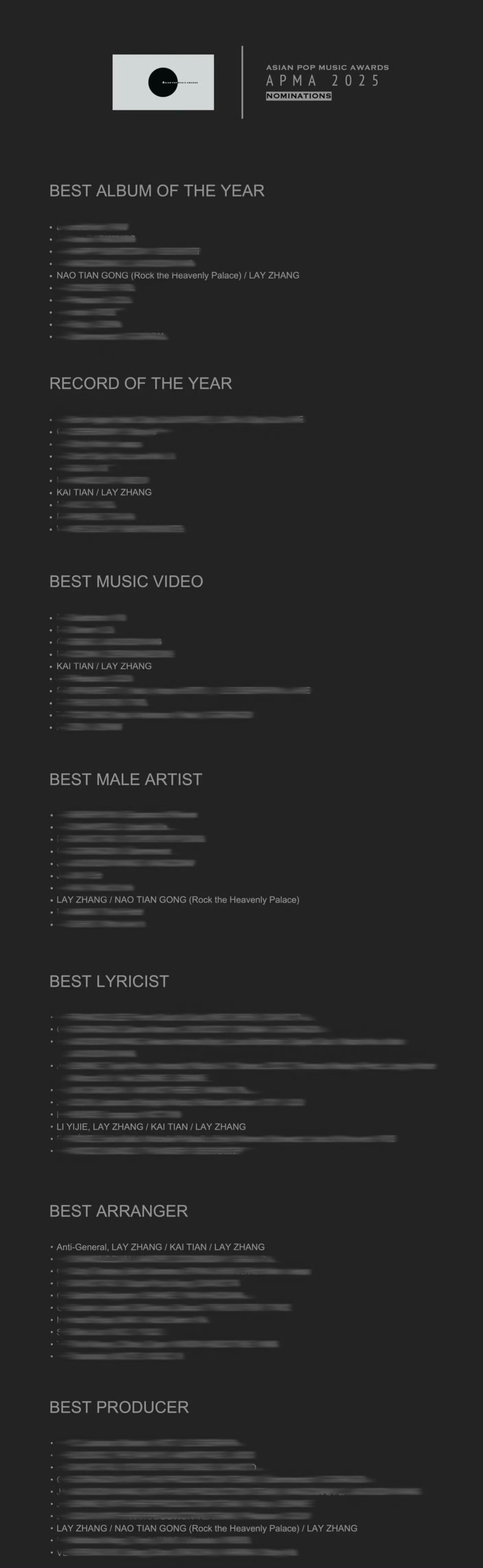 张艺兴APMA7项提名 恭喜张艺兴凭借《闹天宫》《开天》提名APMA2025年度