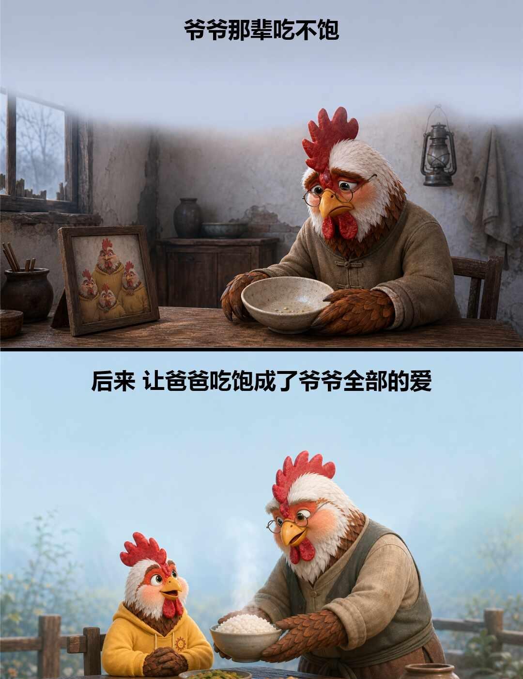 爷爷那辈吃不饱，后来让爸爸。。。
代际关系 老一辈的爱 温暖一家人 生活感悟