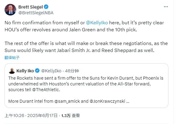 ClutchPoints的记者Brett Siegel：虽然他和TA的火箭记者K
