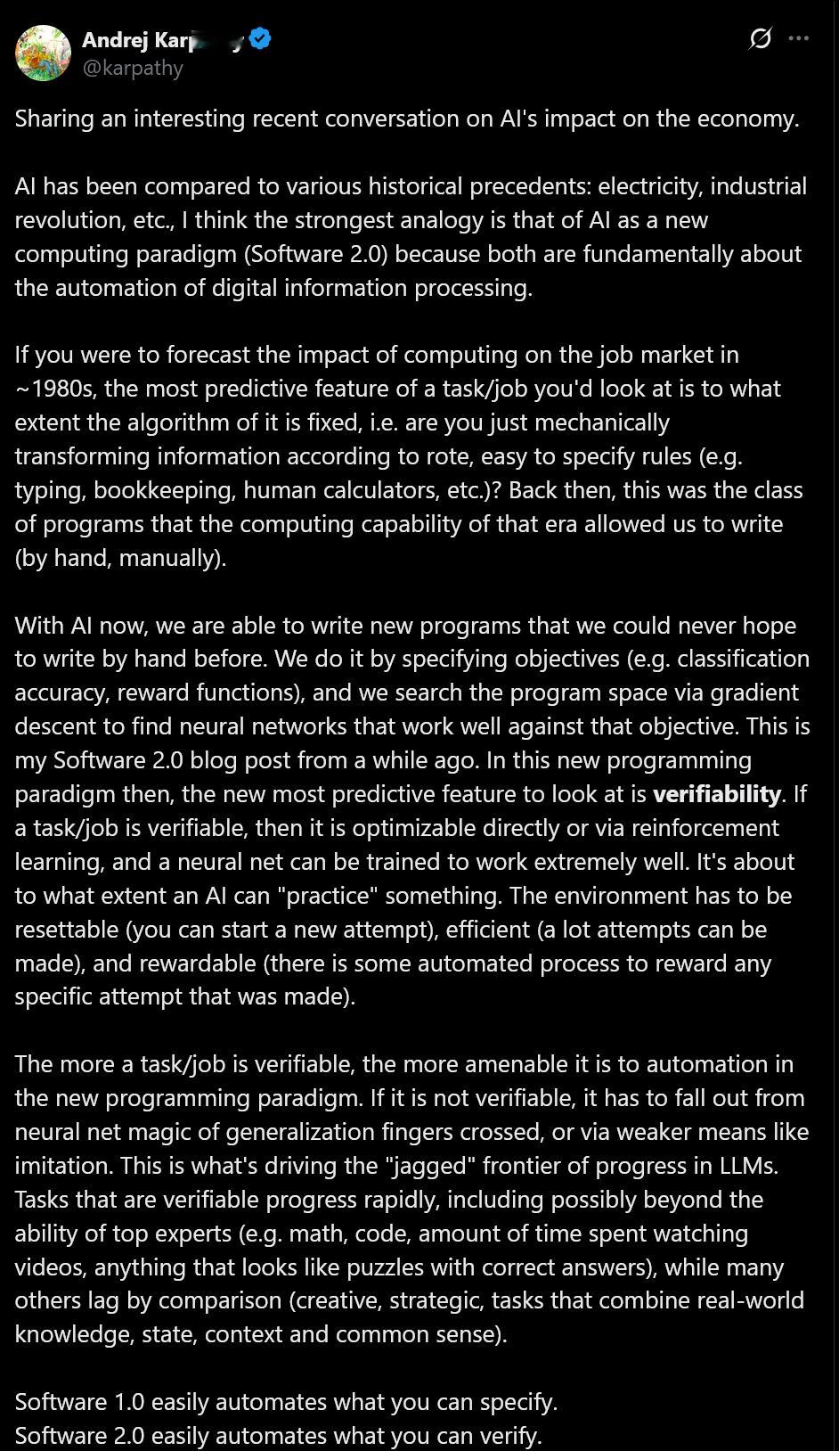 Andrej Karpathy分享了他对于AI会在哪些行业/场景快速发展的看法，