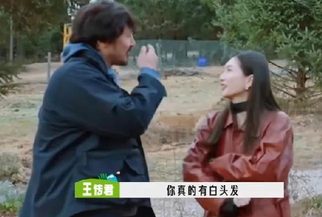 江疏影站在王传君前面正在和人说话的时候，王传君突然对江疏影说：“你真的有白头发。