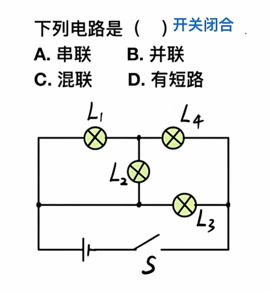邻居读初中的儿子问我一道物理电学题。
下列电路图中，开关S闭合后是
    A.