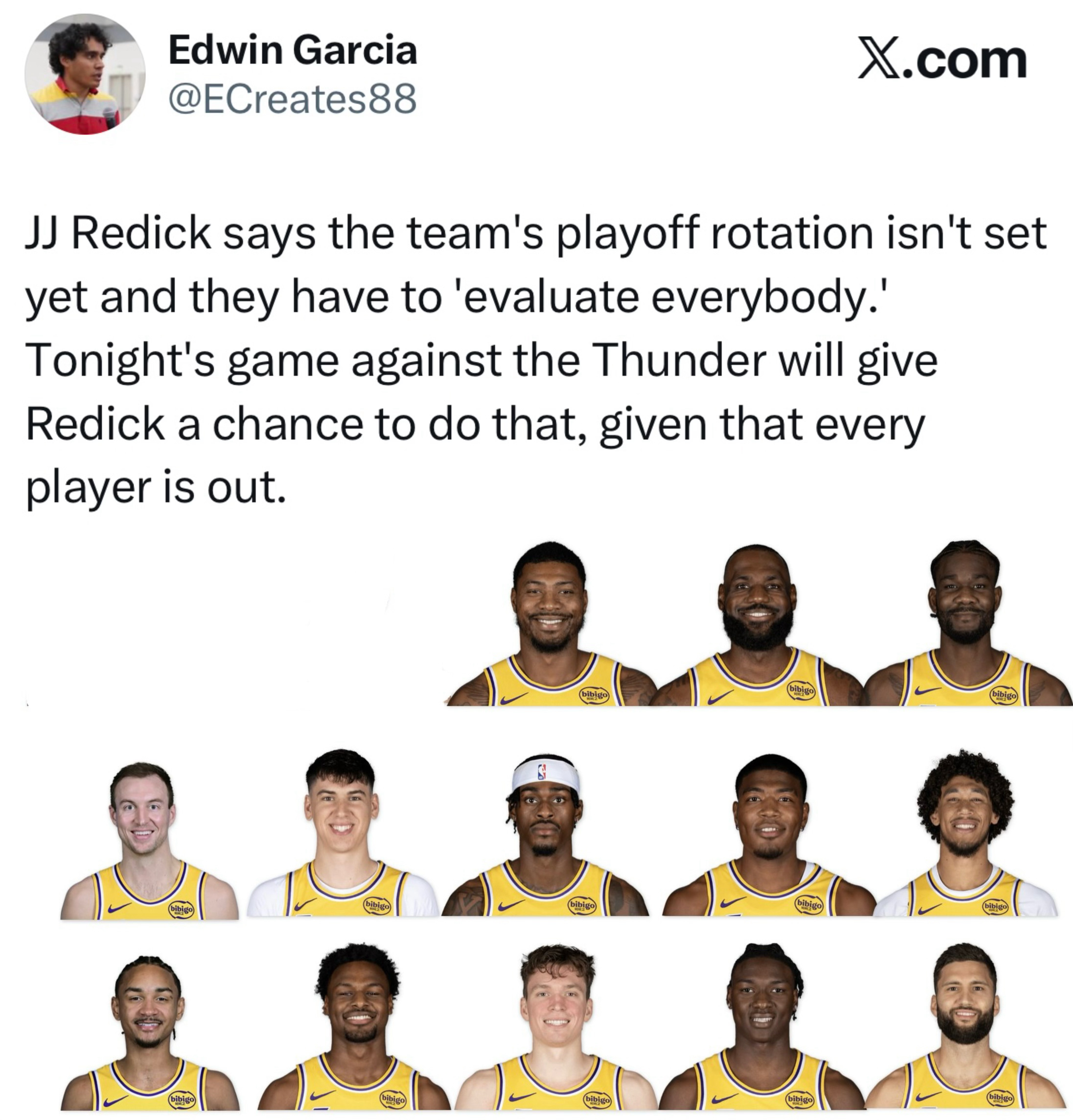 雷大神：球队的季后赛轮换阵容还没有确定，必须评估每一个人。考虑到今晚所有球员都缺