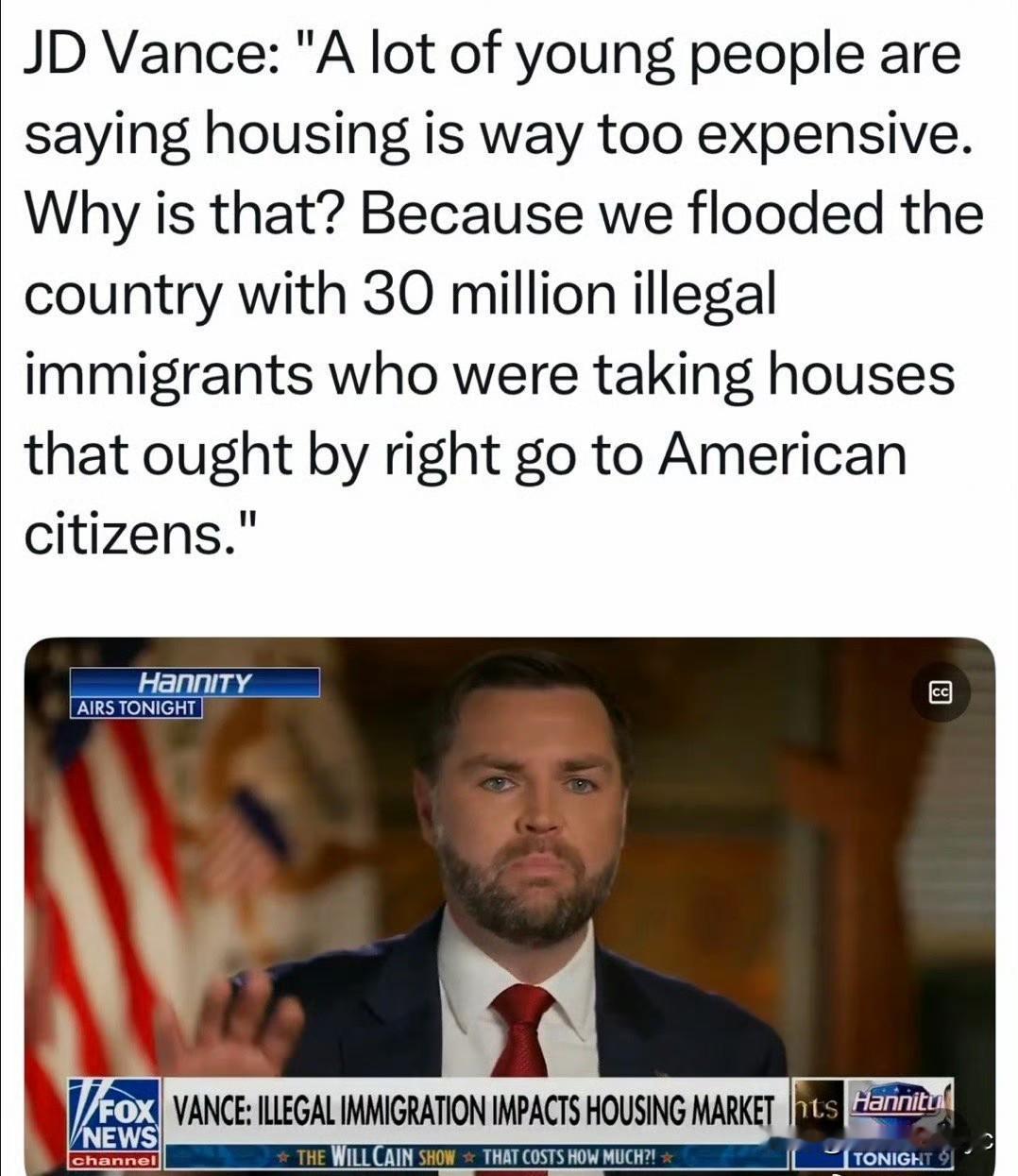 副总统Vance：美国房子太贵、年轻人买不起，是因为非法移民太多，三千万非法移民