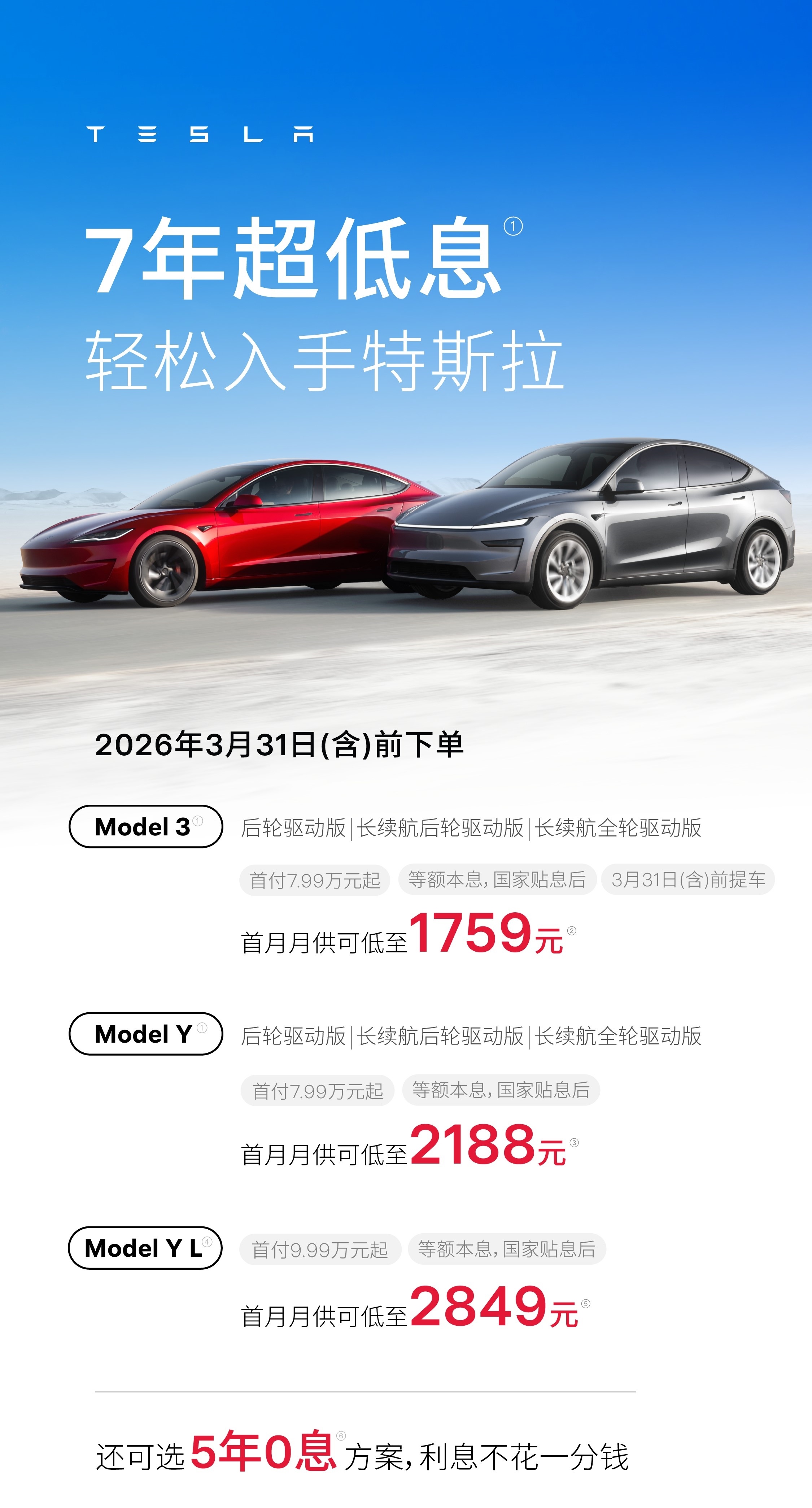 【特斯拉中国促销持续加码：特斯拉全系车型5年0息 可选7年超低息】特斯拉中国今日
