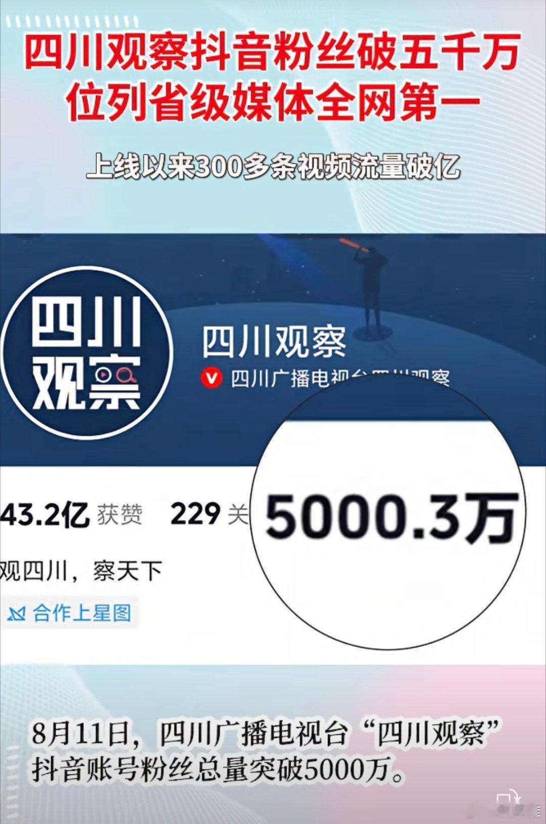 四川观察抖音粉丝破5000万，网友：四川观察除了四川哪里都观察；专门报道四川以外