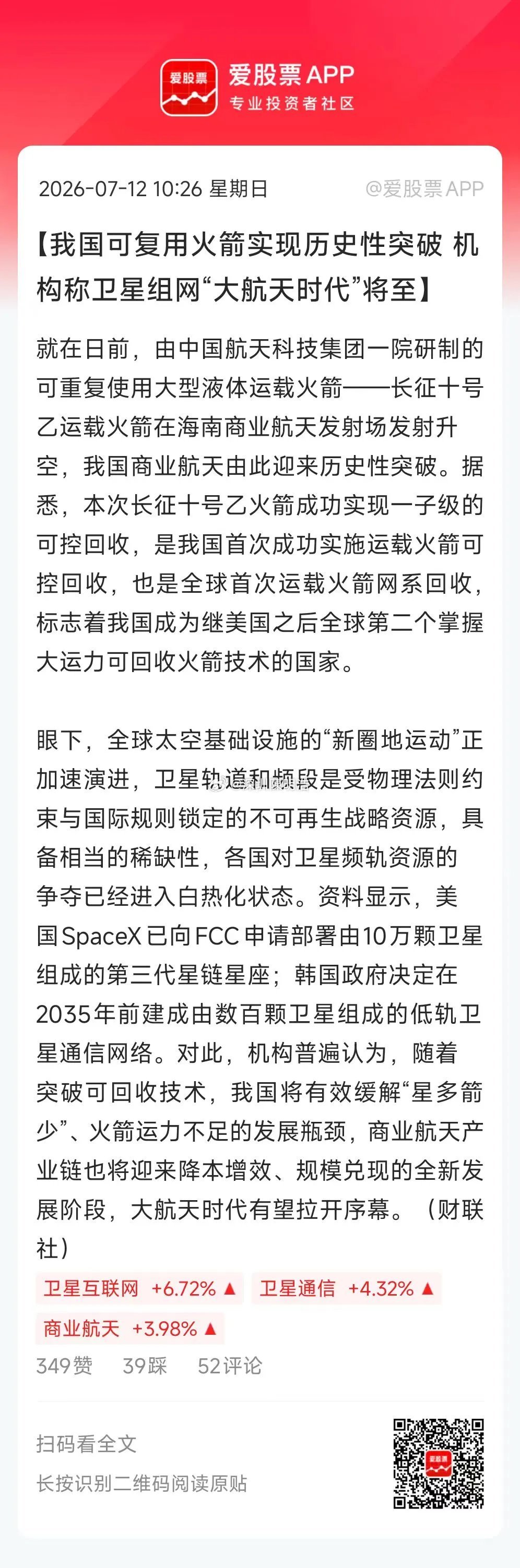 周末热度最高的是商业航天，周五长征十号乙运载火箭成功回收，这事儿继续发酵了！比如