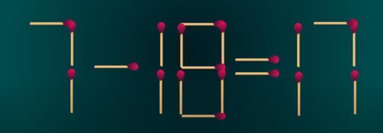 图中由火柴棒拼成的 “7 - 18 = 17”，显然是道不成立的算式！现在，关键