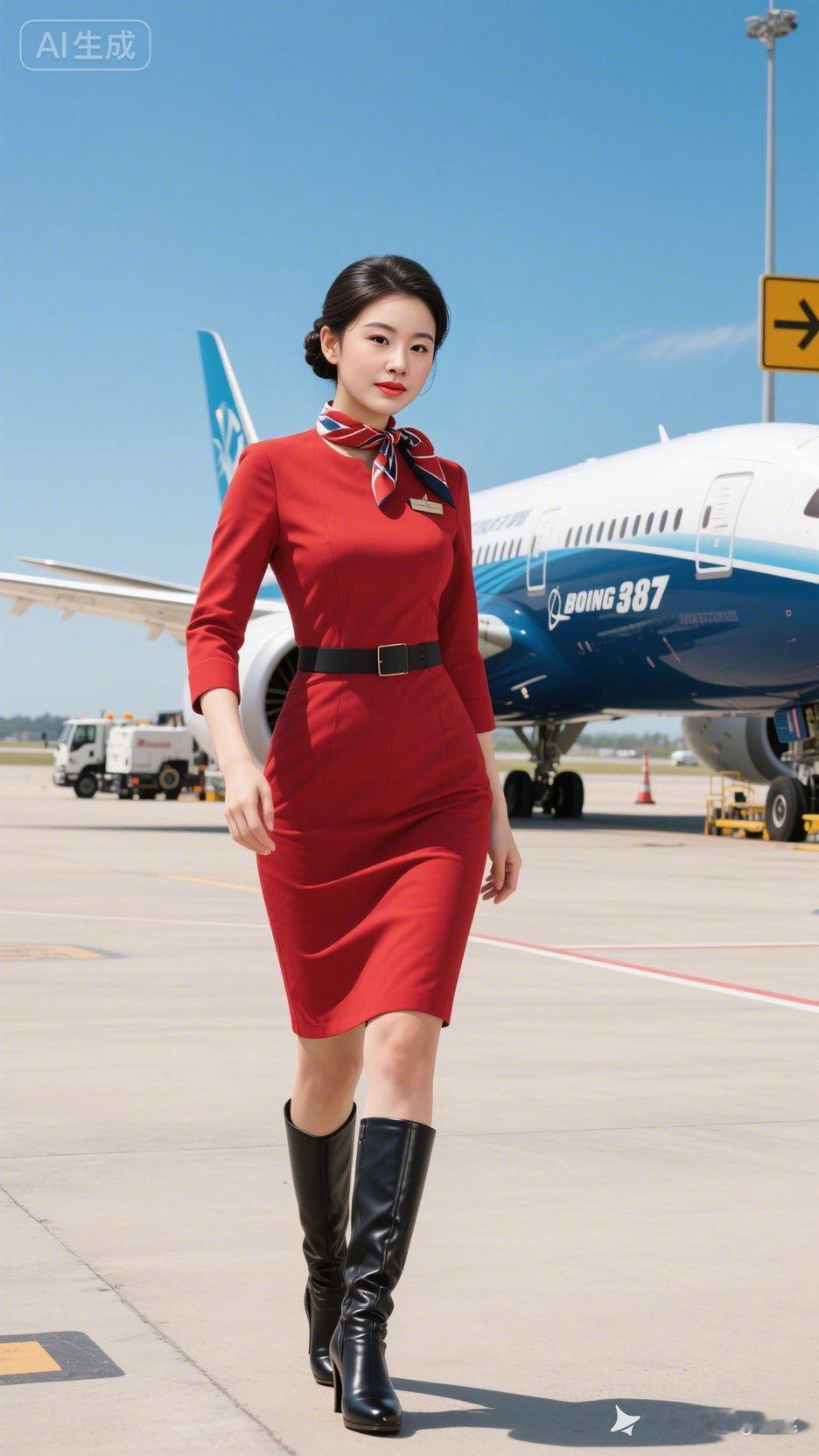 机场空姐风采照，红裙黑靴，英姿飒爽！