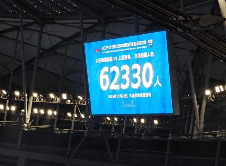 11月22日 中超末轮大连英博迎战上海海港，根据现场播报，上座人数为62330人