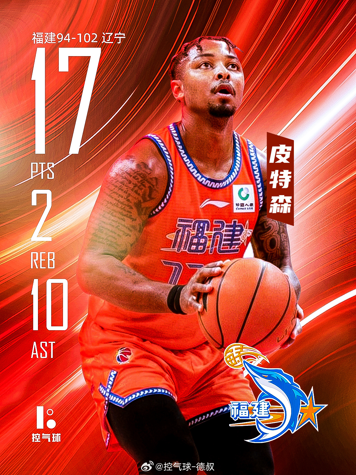 CBA 常规赛，辽宁 102-94 击败福建。皮特森贡献17分2篮板10助攻，全