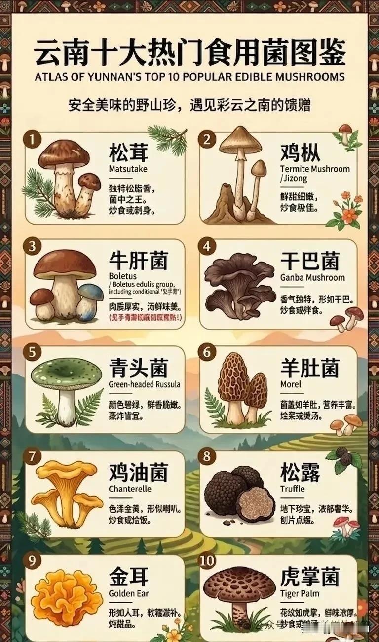 云南十大食用菌图
云南不愧是“真菌王国”，全省已知野生食用菌约900种，占全国9
