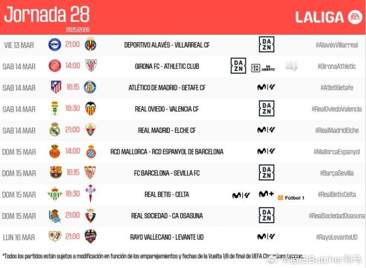 2月19日 西甲官方公布联赛第28轮各场开球时间，3月15日4:00皇马vs埃尔