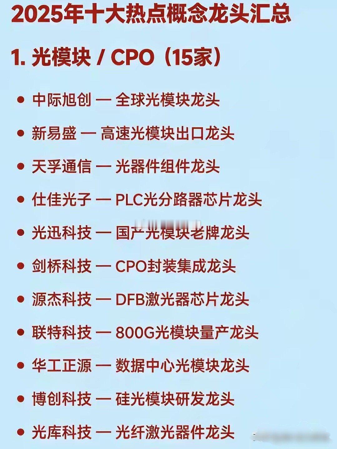 2025年十大热点概念龙头汇总（完整版）1. 光模块 / CPO（15家）中际旭