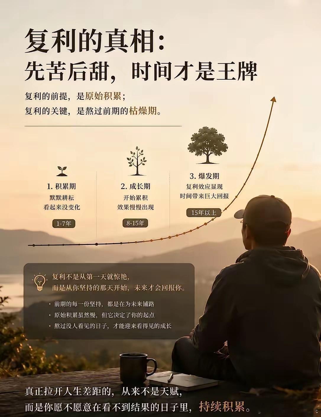 复利的真相，先苦后甜，时间才是王牌，做其他事情也一样，必须持之以恒，经过时间的沉