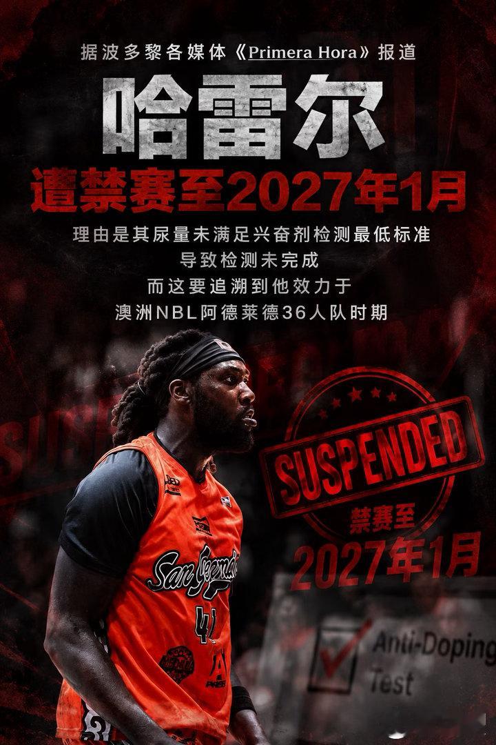 上赛季因兴奋剂禁赛的前CBA外援哈雷尔再次遭到禁赛。原因是其尿量未满足兴奋剂检测