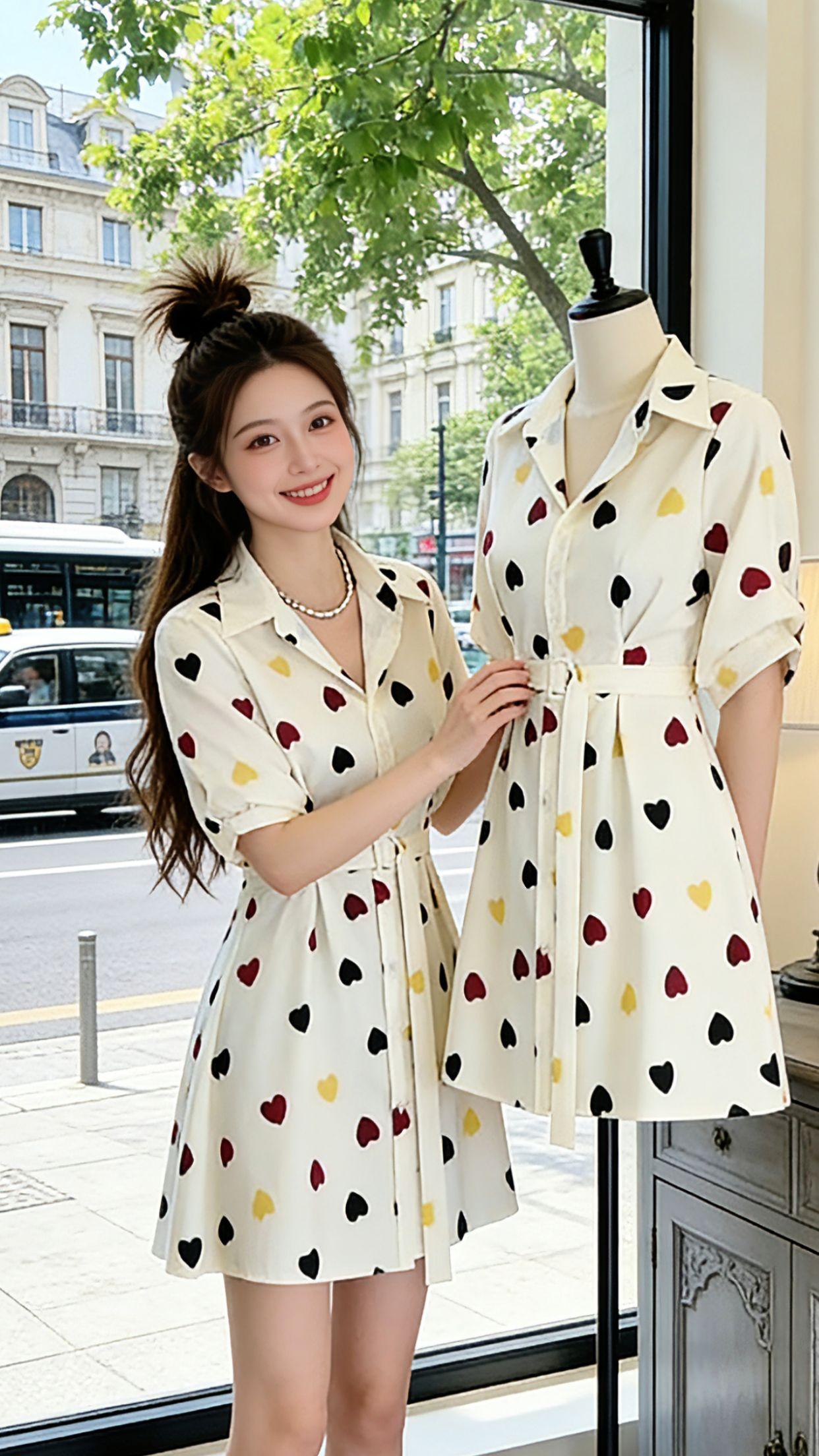 谁懂啊！这件爱心印花衬衫裙真的承包了我整个春天的穿搭。法式翻领温柔大气，收腰版型