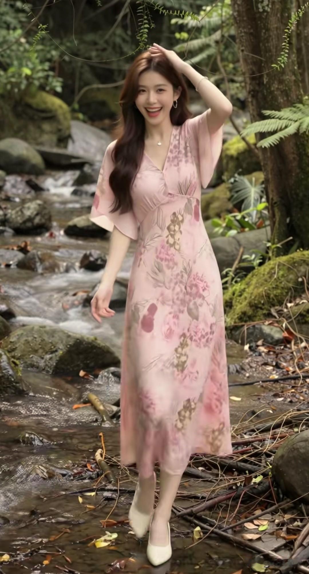 粉嫩连衣裙，漫步在森林小溪边，享受自然与美的融合。