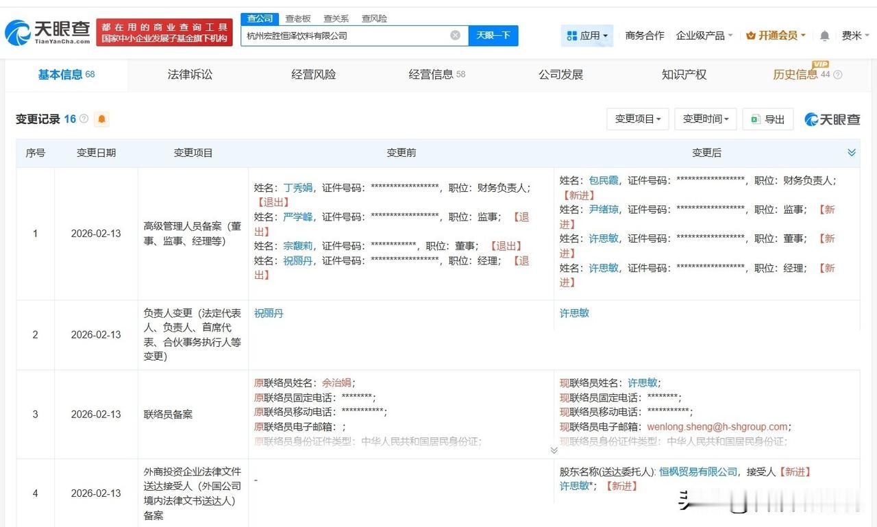 【许思敏接手杭州宏胜恒泽饮料公司 宗馥莉退出】
天眼查App显示，近日，杭州宏胜